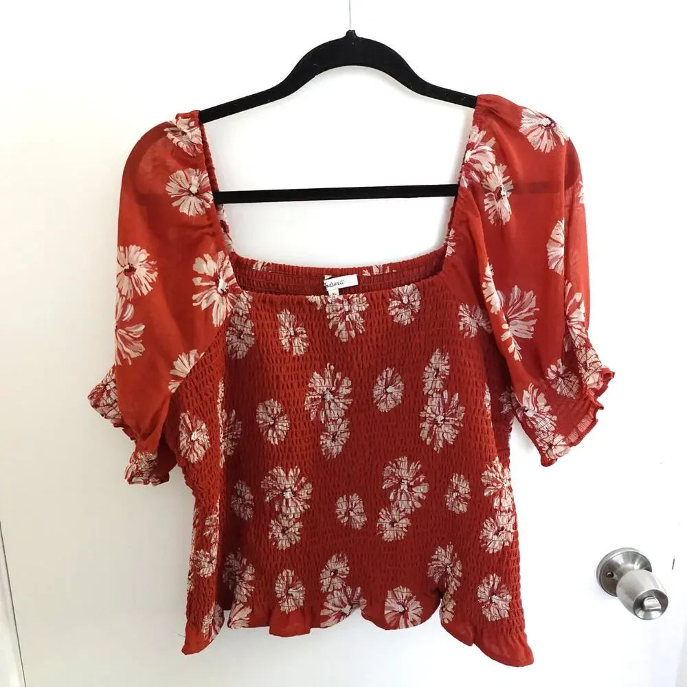 Madewell (Re)sourced Georgette Lucie Puff-Sleeve Smocked Bodice Top Moody Blooms